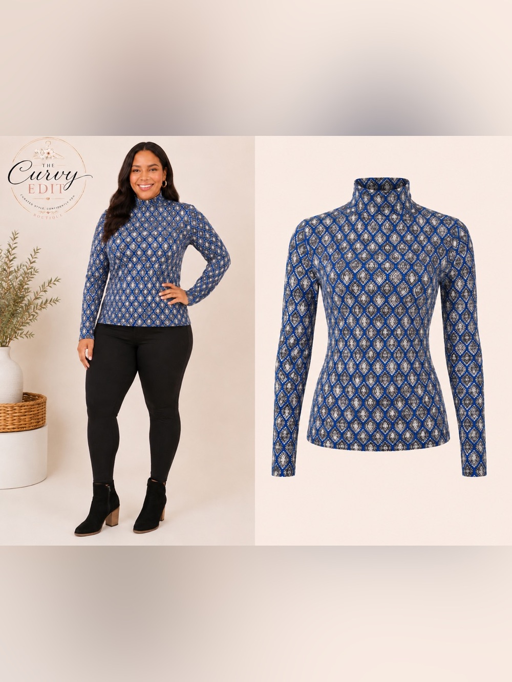 Jones New York Sport Geometric Turtleneck Top | XL | Blue Print Stretch Knit